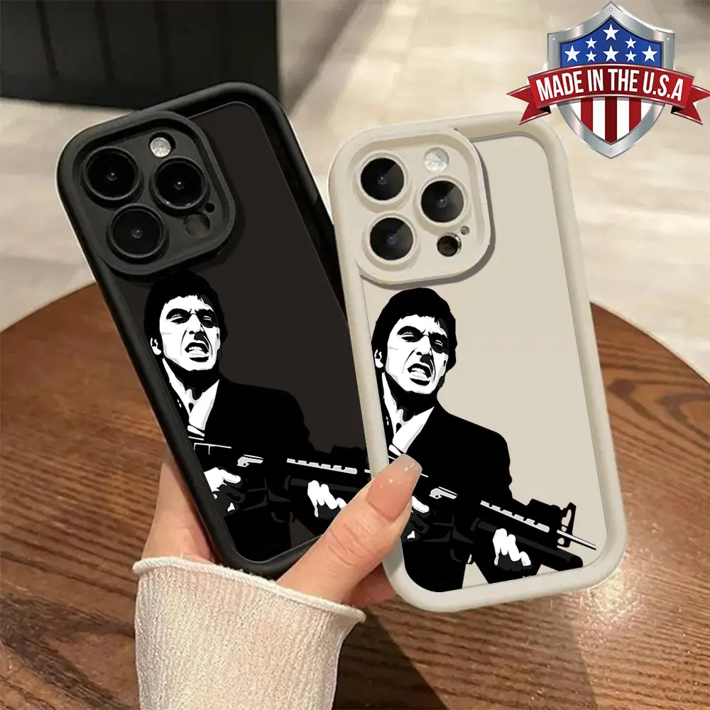 Cool Scarface Tony Montana Gun Pattern Phone Case for iPhone Samsung 17 16 15 14 Pro Max 13 12 11 XR XS Plus Air Galaxy S26 S25 S24 S23 S22 Ultra Plus FE Shockproof Anti Drop Anti Scratch Durable Impact Resistant Soft TPU Cover gift for boy girl