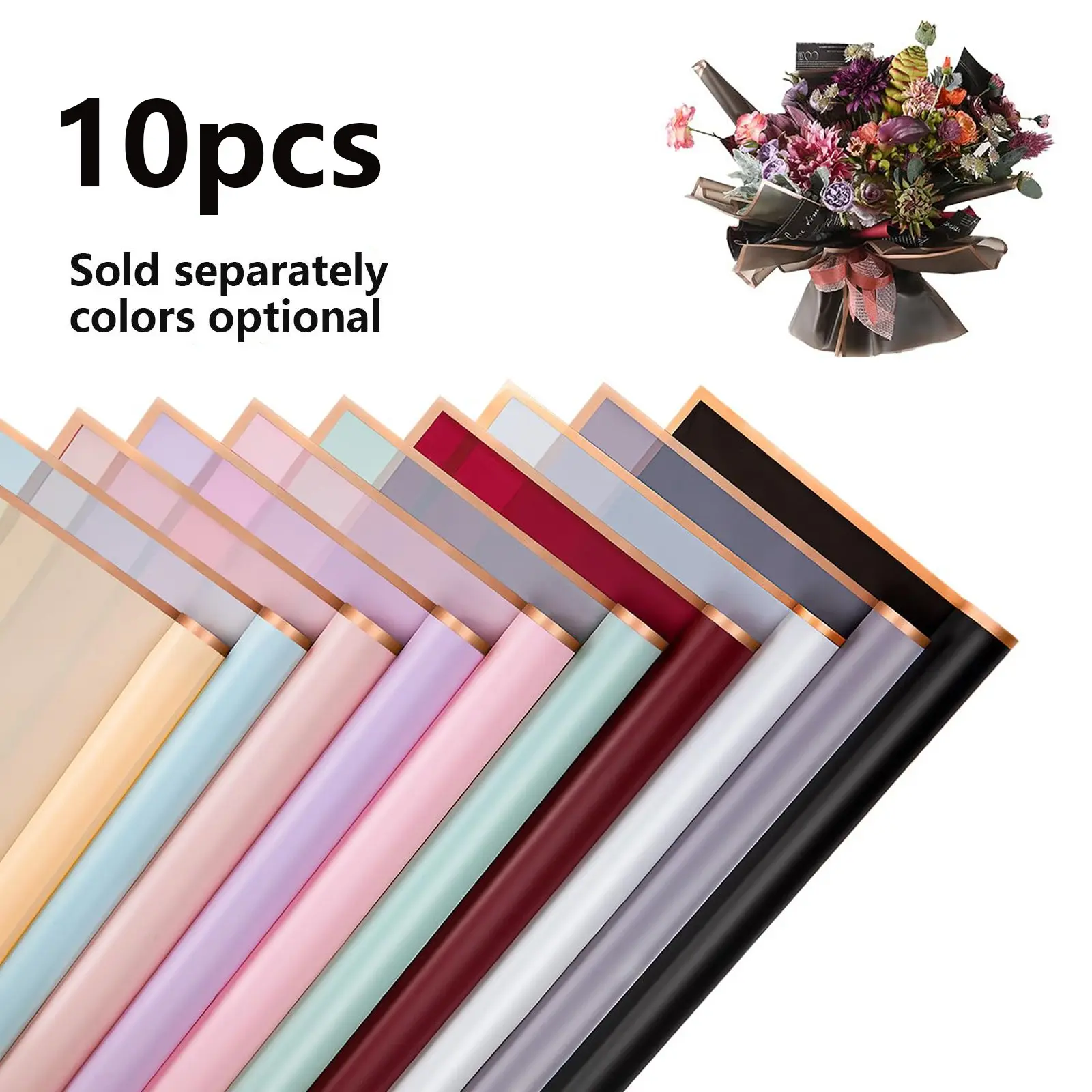 Luxury Rose Gold Edge Jelly Film Packaging Paper 10pcs, Pure Color Flower Wrapping Paper, DIY Crafts, Wedding Bouquets, Bouquet Wrapper, Gift Wrapping, Premium Packaging, Gift Wrapping Supplies
