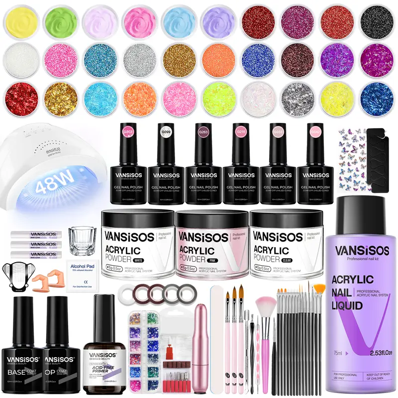 VANSISOS Middle Almond Acrylic DIY Nail Kit - Beginner-Friendly Full Set for Adults with Charms, Glitter, Manicure Supplies for Chic Nail Art (Professional Use, 24-Month Durability)