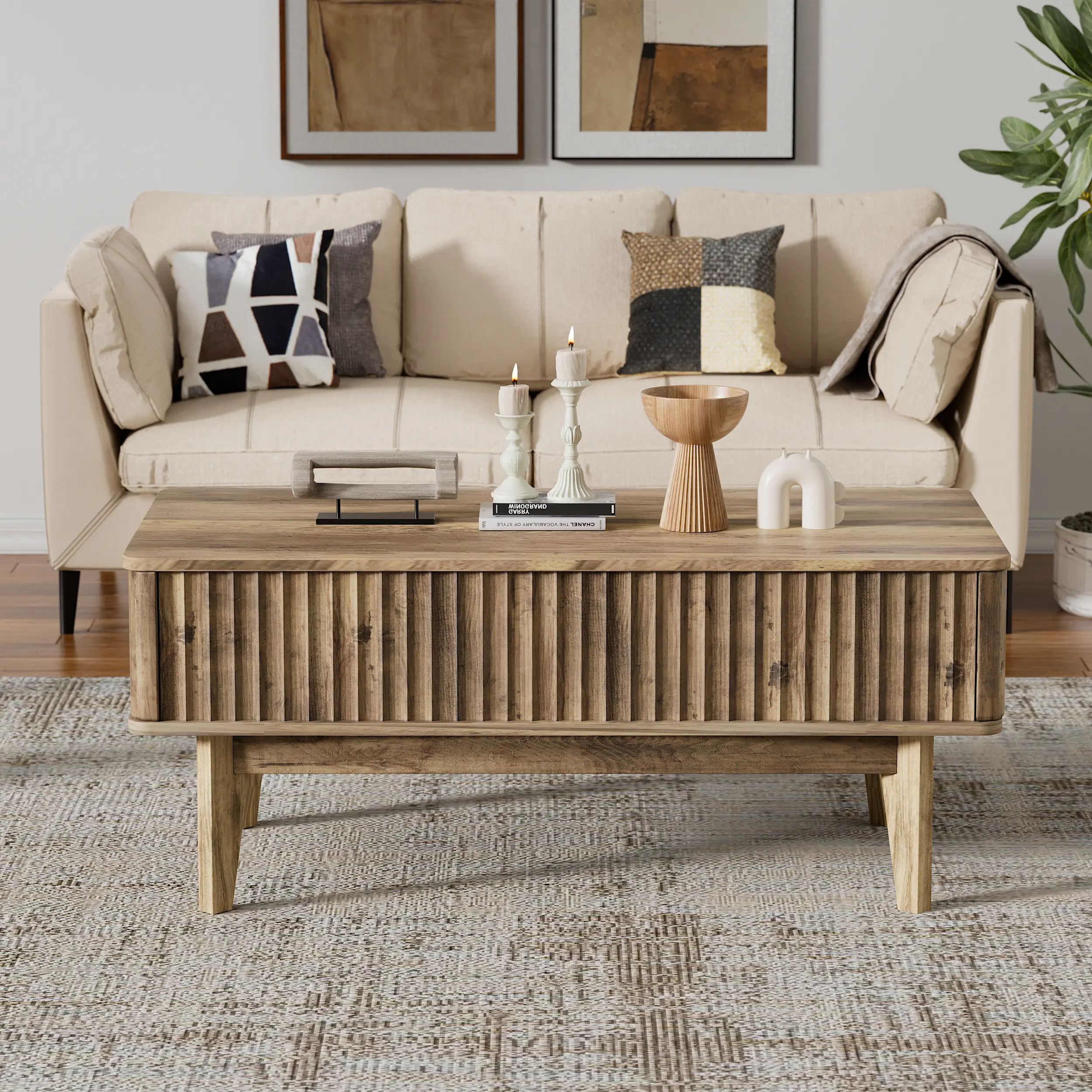 Farmhouse Wooden Lift Top Coffee Table with 3 Hidden Storage ...