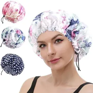 Printed Reusable Shower Cap, Double Layer Waterproof Leakproof Elastic Bath Cap, Adjustable Stylish Hair Protection Accessory for Bathroom Shower Daily Travel Use