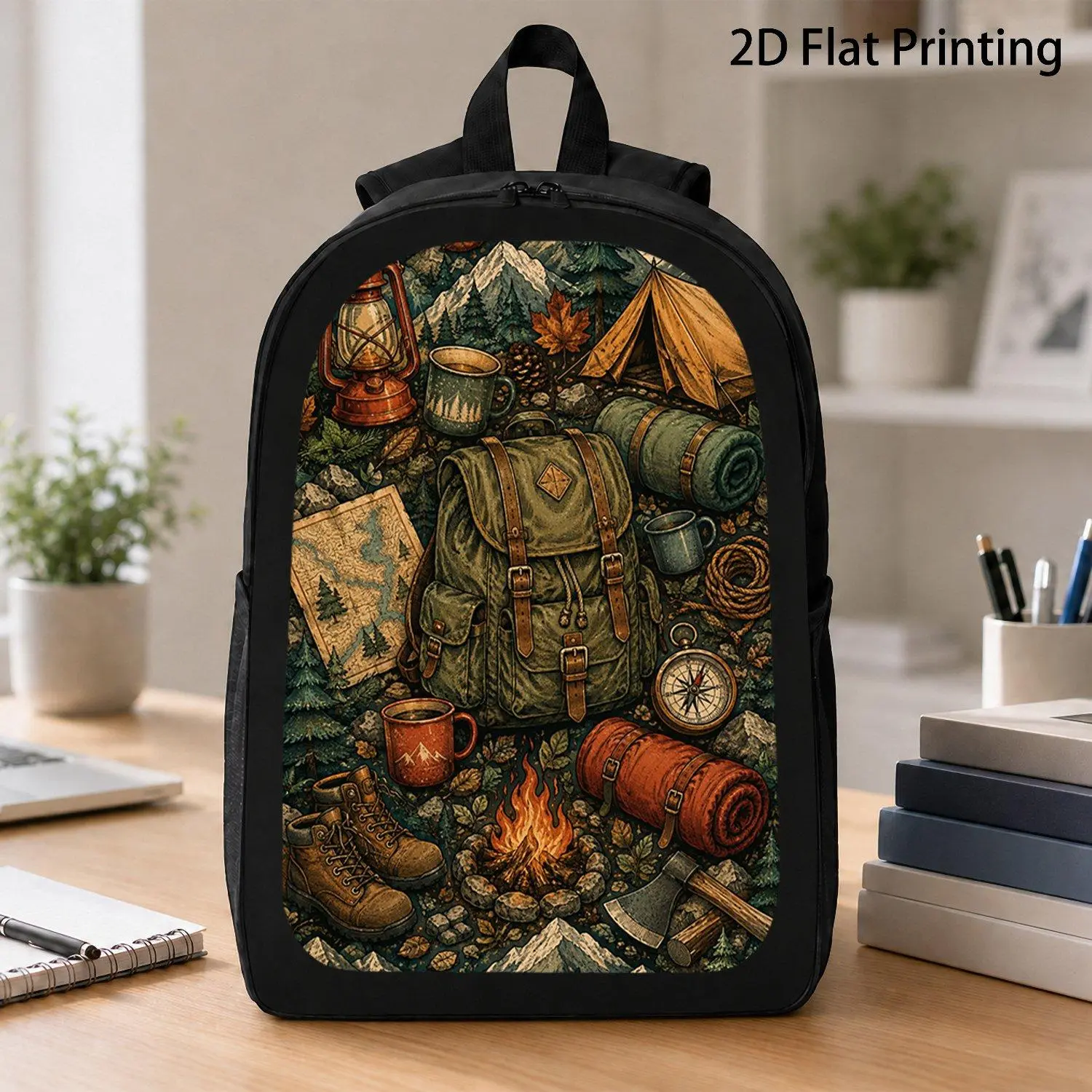 [17 Inch Backpack] 1pc Vintage Mountain Camping Gear Print Backpack Outdoor Adventure Hiking Travel Backpack For Nature Lover Casual Daily School Laptop Backpack