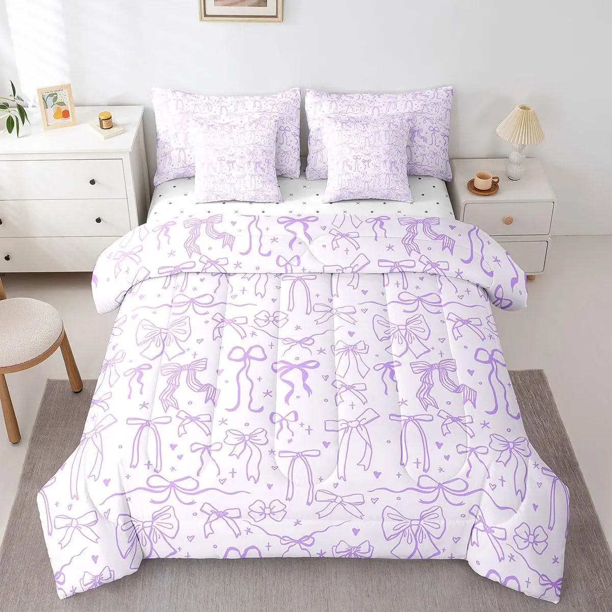 7 Pieces Cartoon Bowknot Kids Bedding Set,Purple Bow Tie Butterfly Knot Princess Girls Comforter,Bow Stars Love Sweet Girly 1 Comforter 1 Fitted 1 Flat Sheet 2 Pillowcase,2 Throw Pillow Covers