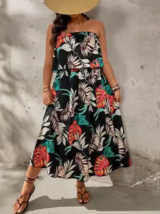 Plus Size Halter Neck Tropical Print Summer Beach Dress, Concealing Fat Slimming A-Line Skirt, Long Holiday Style Dress for Women, Casual Wear, Casual Dresses