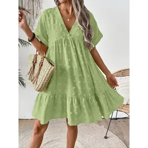 Women's Plain Ruffle Trim Dress, Elegant Fashion Casual V Neck Short Sleeve Dress for Daily Outdoor Wear, Ladies Dress for All Seasons Womenswear