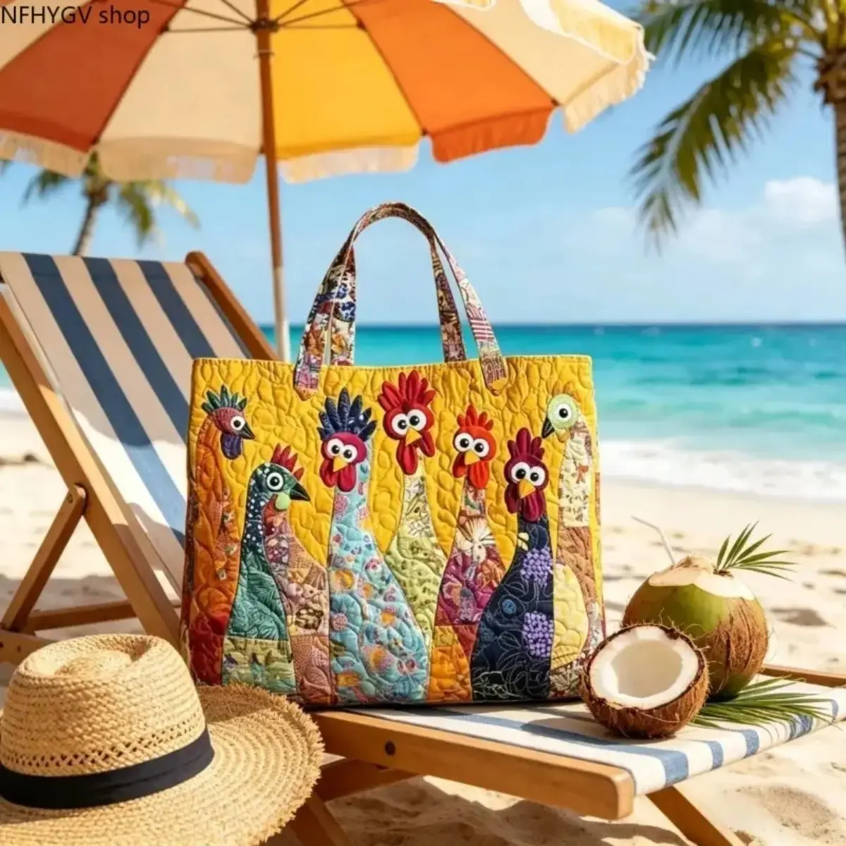 Cute Chicken Baroque Synthetic Quilted Patchwork Tote Bag - Soft, Sturdy, Large-Capacity Casual Everyday Quilted Tote for Daily Commute, Grocery Trips, Gifting, Casual Everyday Bag, Quilted Tote Bags