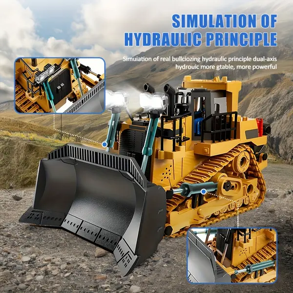 9-Channel Remote Control Bulldozer, 2.4Ghz Yellow Construction Vehicle with Alloy Metal Cap, Lights & Sounds, USB Rechargeable Battery - Ideal Birthday Gift for Boys, Girls, and Adults