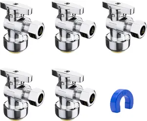 5-Pack Angle Stop Valve,1/2" Ptc x 3/8" OD Compression Angle Shut Off Valve, 1/2 Inch Ptc x 3/8 Inch OD Compression Water Shut Off Valve, PEX, Copper, Cpvc
