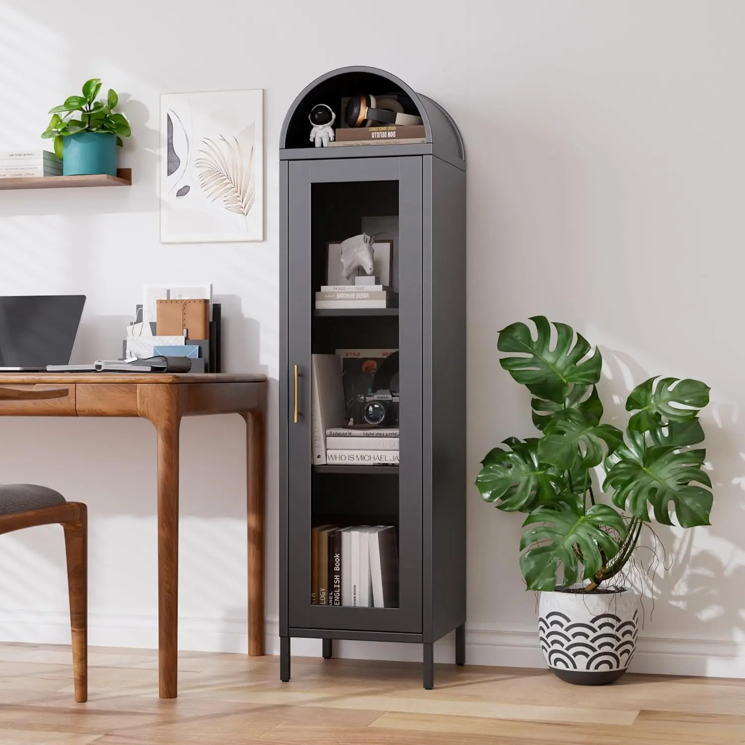 63" Tall Narrow Arched Cabinet with Glass Door, Black Metal Display Bookshelf with Adjustable Shelves, 3-Tier Modern Slim Bookcase for Living Room, Home Office, Bedroom, Assembly Required