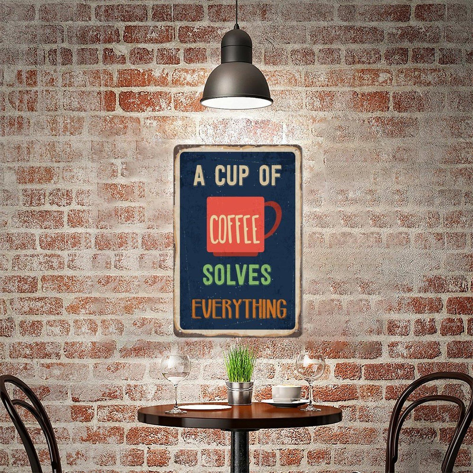 "A Cup Of Coffee Solves Everything" Vintage Metal Sign, 8x12 Inch Coffee Lover Wall Decor for Kitchen & Cafe