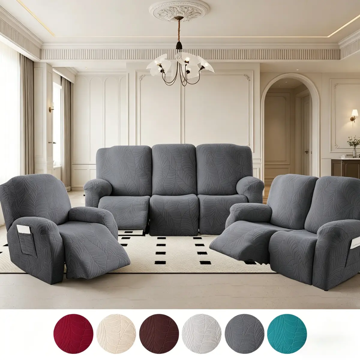 Stylish Jacquard Sofa Cover Set for 1/2/3-Seater Recliners with Side Pockets—Pet-Friendly Furniture Protectors for Living Room Couch Cover for Sofa Non-slip Chair cover
