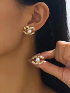 Elegant Zircon Cross Pearl Earrings Set, Studded Cross Earrings, C-Shaped Studs for Women, Perfect for Daily Wear, Shopping, Dates, Trendy Fashion Accessories