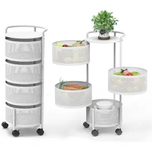Rotating Storage Shelves Rack for Kitchen, 4-Tier Multi Layer Removable Basket Shelf Organizer on Rolling Wheels for Fruit Vegetable Grocery Corns Potato Onion (4-Tier, White)