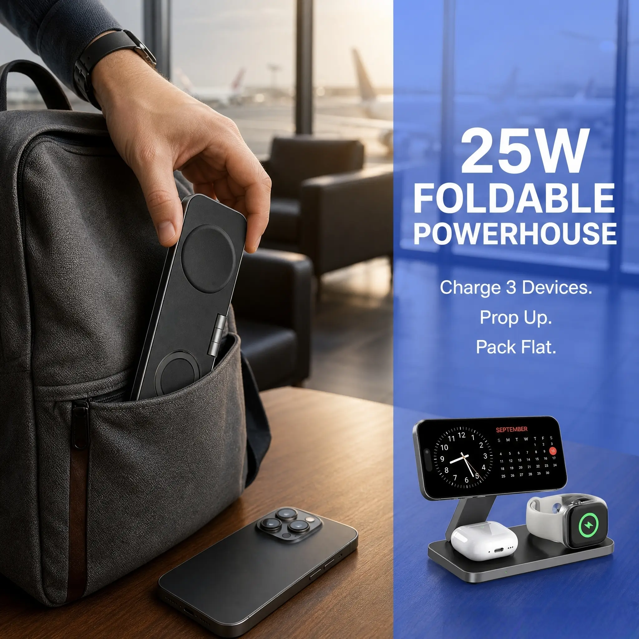 25W Fast 3-in-1 Foldable Magnetic Wireless Charger, USB C Charging Stand For Apple iPhone 16 15 14 Pro Max Watch AirPods Pro, Adjustable Angle Desktop Phone Holder, Portable Cordless Travel Tech Gift For Men Women
