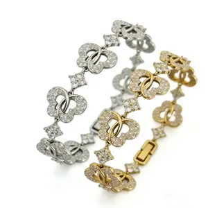 Luxury Butterfly Clover Interlocking Gold Bracelet, 18K Gold Plated Sparkling CZ Bracelet for Women, Elegant Wedding/Party Jewelry, Perfect Gift for Her