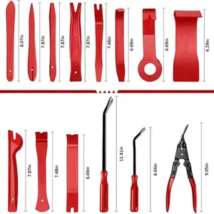 Automotive disassembly tool set made of durable plastic; includes tools for removing car interior door locks, automatic clamp removal, and fastener extractors; mechanical repair automotive tool set.