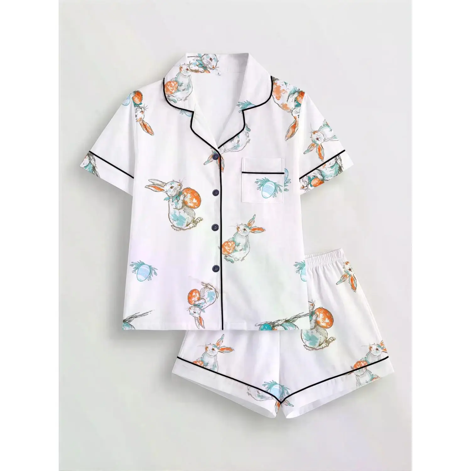Women's Easter Sleepwear Set with Rabbit Egg Design - Short Sleeve Button-Up Top and Elastic Shorts for All-Seasons Lounging