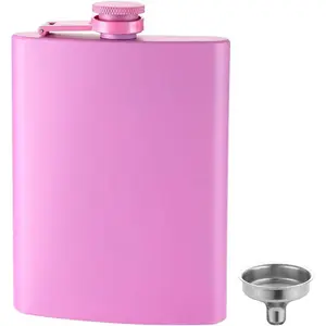 Hip Flask for Liquor Matte Pink 8 Oz 18/8 Stainless Steel Leakproof with Funnel, Never-Lose Cap Flask