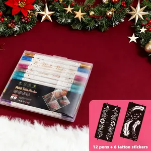 Temporary Tattoo Marker Set ✍️🎨 - 12 Vivid Washable Dual-Tip Pens + 6 Tattoo Stencil Stickers, Easy for Daily Drawing/Halloween Looks, Black Friday Deal: Ideal Christmas/New Year Gift 🎁