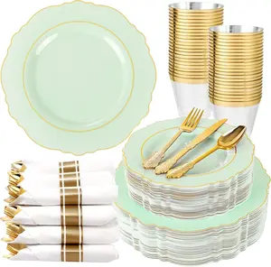 350PCS Light Green Plates - Disposable Green and Gold Plastic Plates 50guest Baroque Plastic Dinnerware include 100Plates, 50Pack Pre Rolled Napkins