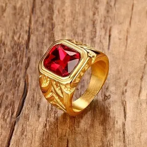 Hip Hop Vintage Red Stone Inlaid Ring For Mens Jewelry