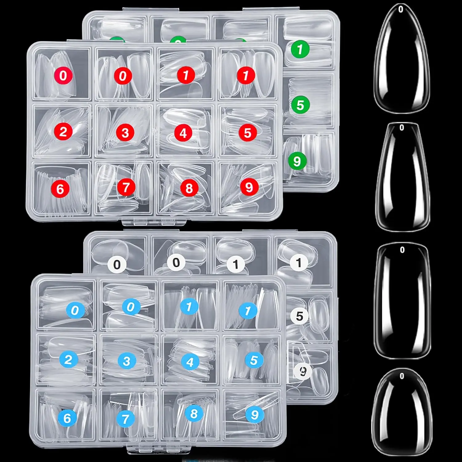 1000PCS Nail Tips Clear False Nails Full Cover for Acrylic Nails Kit 4 Shapes Long Almond Square Coffin Oval Pre-Shape for Salon Home DIY Gifts (10 Sizes)