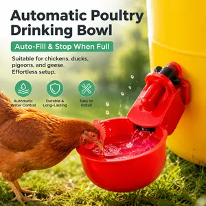 Automatic Chicken Waterer Bowl with Auto Fill Water Stop, Thick Virgin Plastic Poultry Drinking Cup, Easy to Install on Water Bucket with Drill Bit, Suitable for Chickens, Ducks, Pigeons and Quails Backyard Farm Supplies
