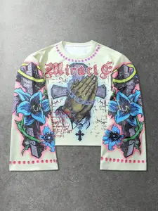 Unisex Miracle Religious Print Long Sleeve Top, Y2K Street Style Short Fit, Colorful Praying Hands & Cross Pattern, Casual Shirt