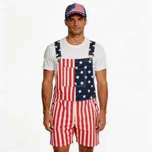 Men's and Women's American Flag Denim Overalls Stretch Shorts Patriotic Merica Menswear Suits Sleeveless Parents' Day Romper Summer Menswear Unisex American Flag Overalls Shorts for 4th of July