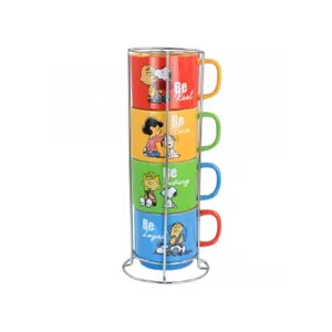Gibson Peanuts Classic Gentle Reminders 4-Piece Stackable Mug Set with Metal Stand, Reusable Colorful Washable Cup for Coffee Drinks, Coffee Bar Collectibles & Funny Gifts