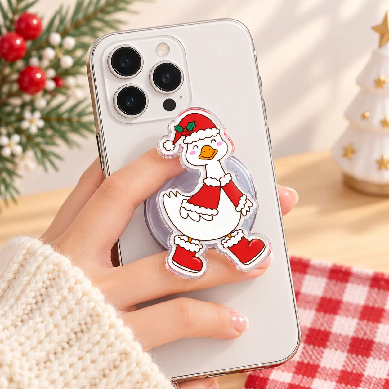Christmas Duck Phone Grip, Cute Holiday Duck Phone Holder Stand, Festive Acrylic Phone Accessory, Kawaii Winter Phone Grip, Duck Lover Gift