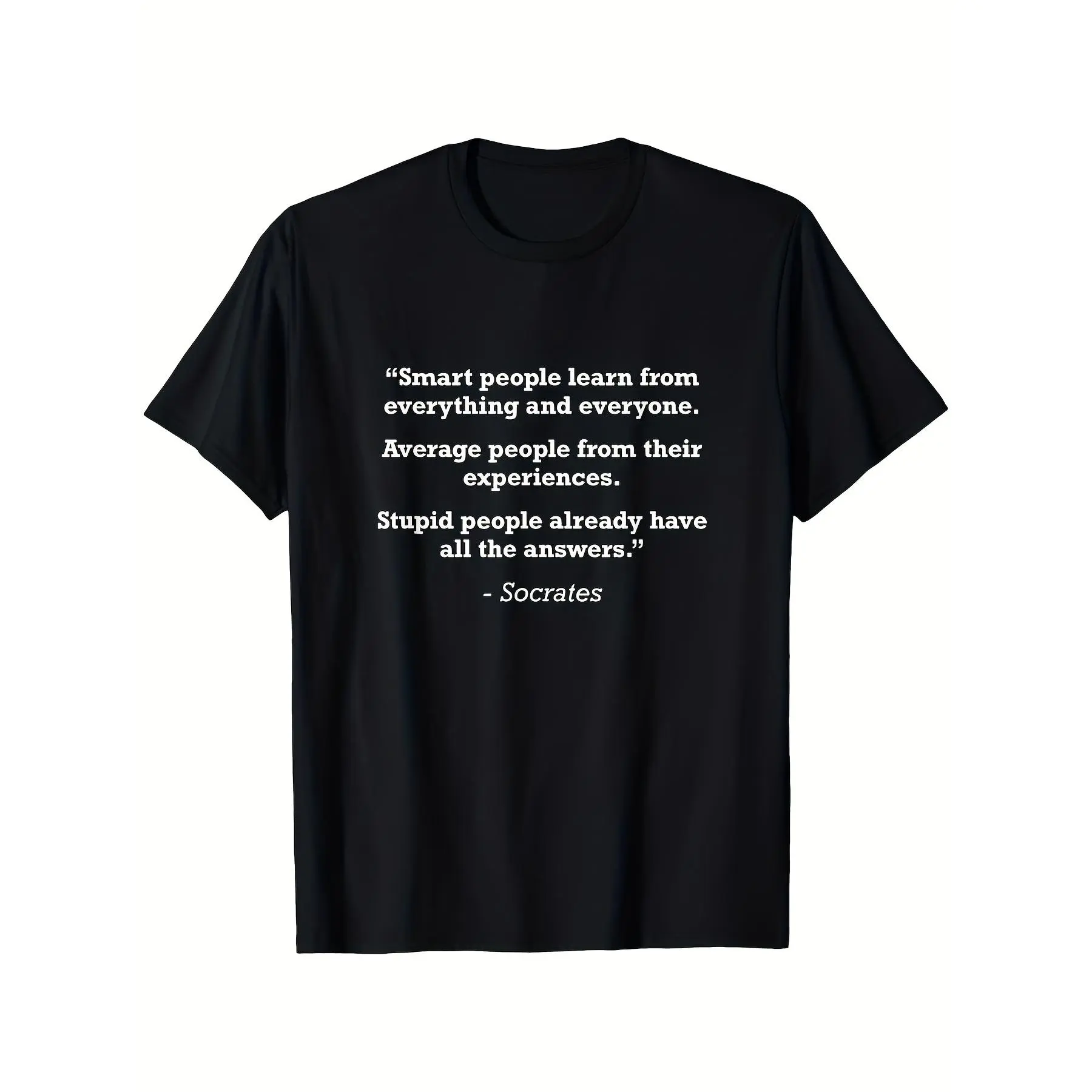 100% Cotton Menswear Short-Sleeve Round Neck Vintage Graphic Tee - Men's Black Shirt with White Socrates Philosophy Quote, Soft Casual Everyday Wisdom Statement Apparel, Machine Washable