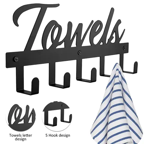 Towel Rack for Bathroom, Towel Holder with 5 Hooks, Wall Mounted Metal Towel Hook Rack, Hanging Towel Hooks for Bedroom Bathroom Kitchen Towels, Bag, Hats