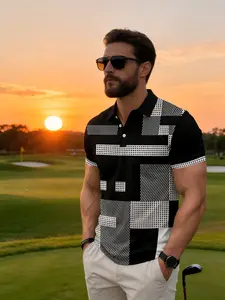 Men's Plaid Patchwork Polo Shirt, Chessboard Casual Short Sleeve, Vacation Training Playwear, Fitted Colorblock Top