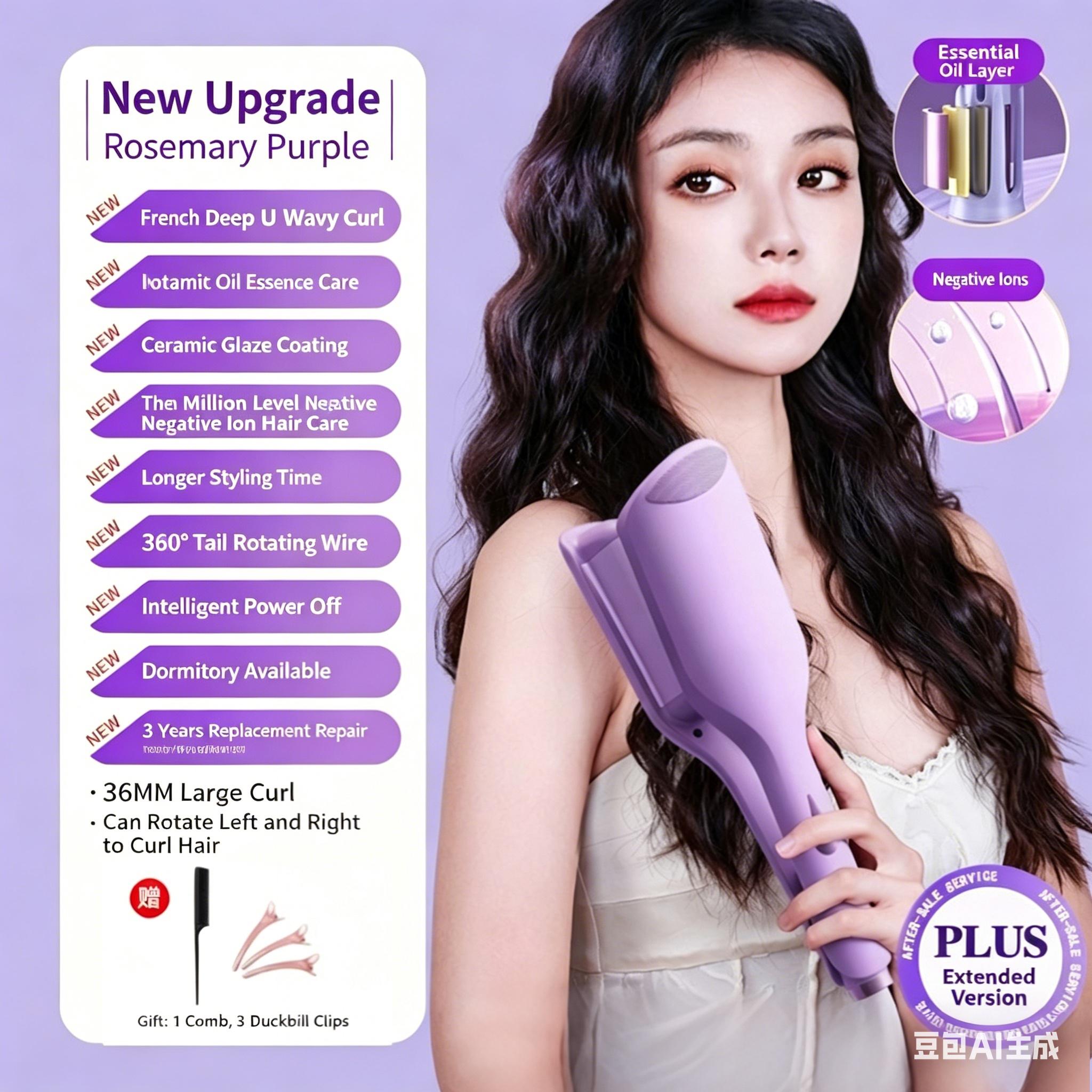 Upgraded 36mm French curling iron is perfect for home and dorm use. It creates large, voluminous waves and uses negative ions to reduce frizz. Easily create wavy hairstyles.