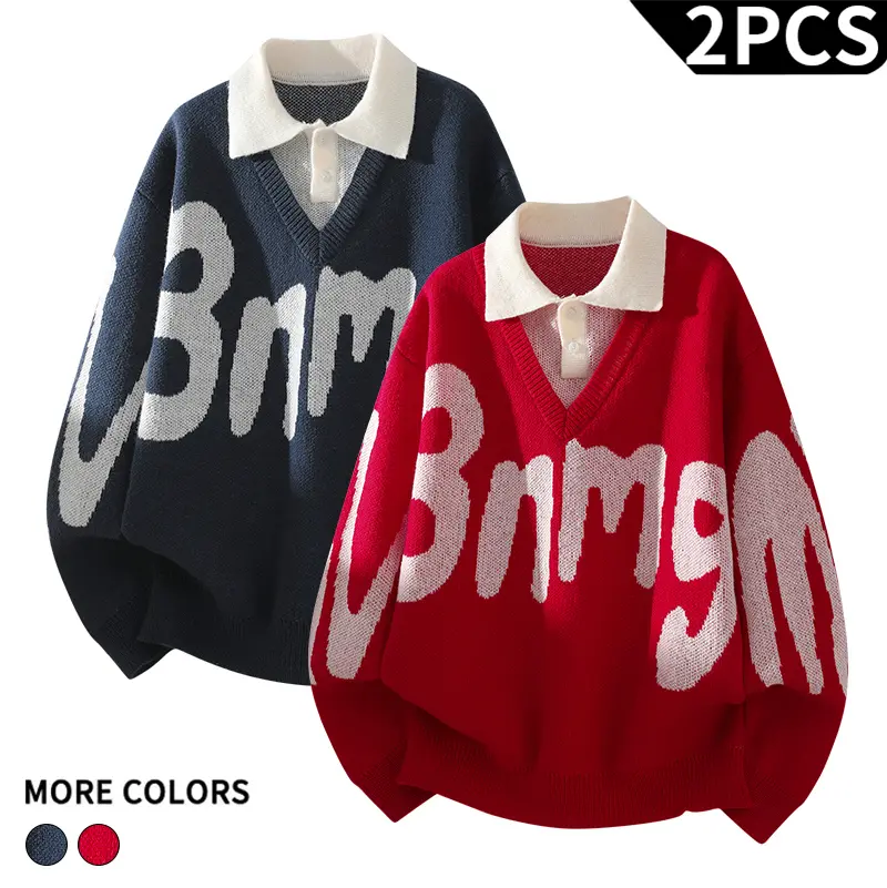 #SohoChic Unisex 2PCS Knitting Polyester Thermal Loose-Fit Preppy Street Knit Tops, Casual Long Sleeve Polo Collar V-Neck Pullover, Daily Campus Outfit,leisure