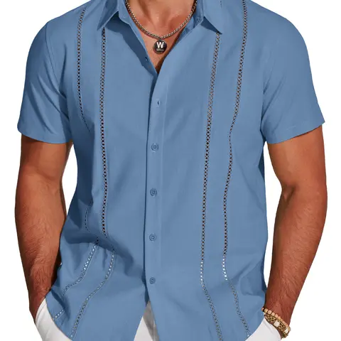 COOFANDY C Men's Cubn Guayabera Shirt Short Sleeve Button Down Shirts Casual Summer Beach Linen Shirts Menswear Soft Shortsleeve Tops