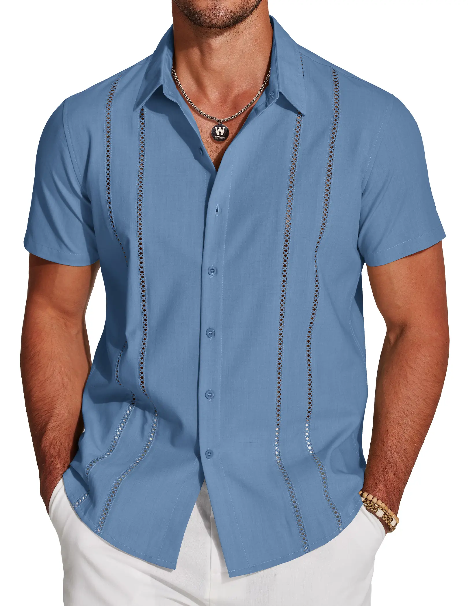 COOFANDY C Men's Cubn Guayabera Shirt Short Sleeve Button Down Shirts Casual Summer Beach Linen Shirts Menswear Soft Shortsleeve Tops