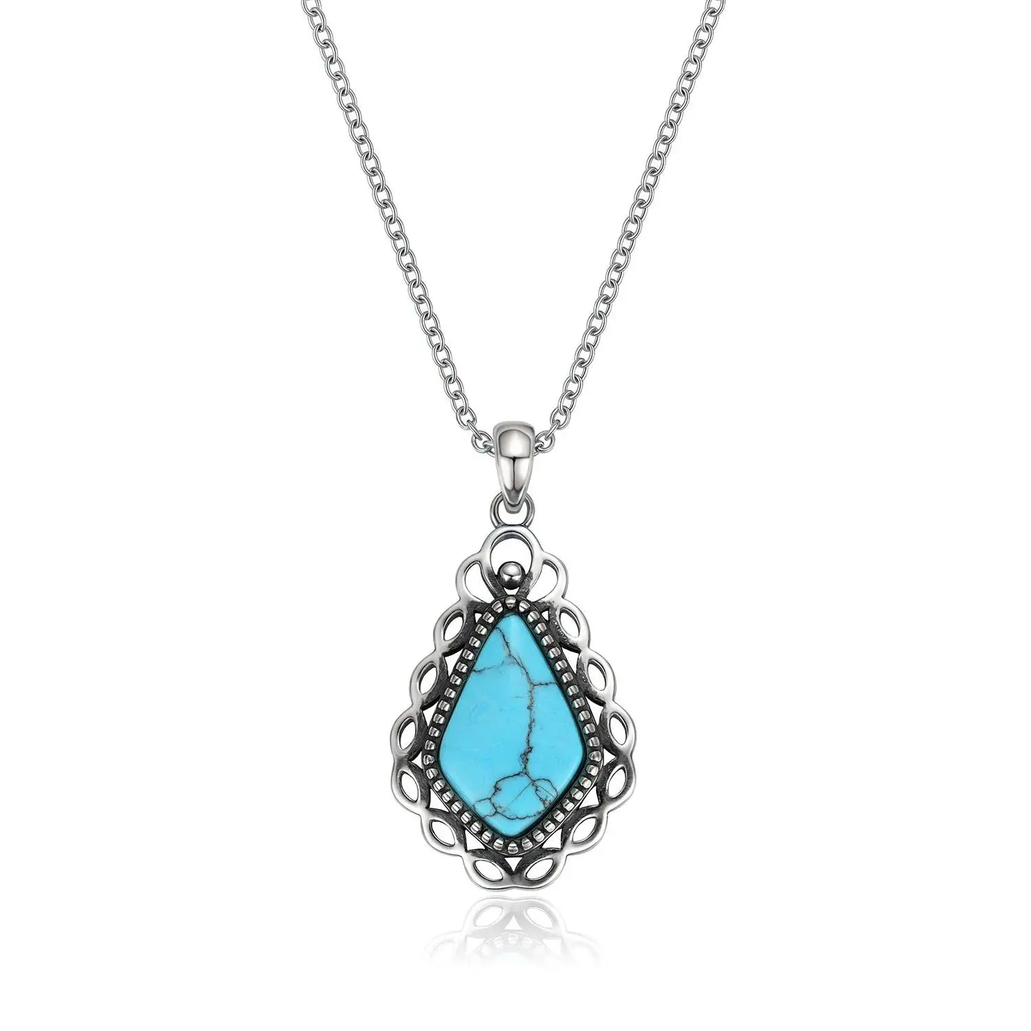 Women's Genuine 925 Sterling Silver Drop-Shaped Turquoise Necklace - Filigree Vintage Western Design, Beautiful Boho Necklace for Women with Boho Elegance, Daily Wear, Easy to Style, Cowgirl Gift for Wife/Mom