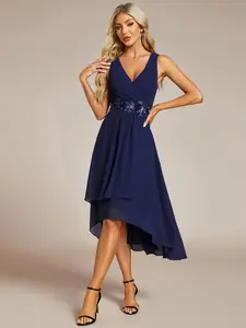 Ever-Pretty Navy Blue Sleeveless V-Neck High-Low Wedding Guest Dress with Floral Applique Minimalist Basic Elegant Chiffon Formal Women's Wear 41926