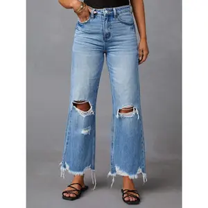 Distressed Raw Hem Jeans with Pockets