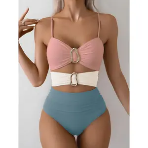 Color Block High Waist Bikini Set with Gold Metal Ring Detail, Ruched Two Piece Swimsuit, Beach Pool Wear