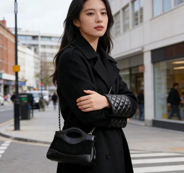 Black Quilted Suede Crossbody Bag, Equipped With A Mini Top Handle Bag With Golden Chain, Two-Tone Women's Shoulder Bag, Daily Bag