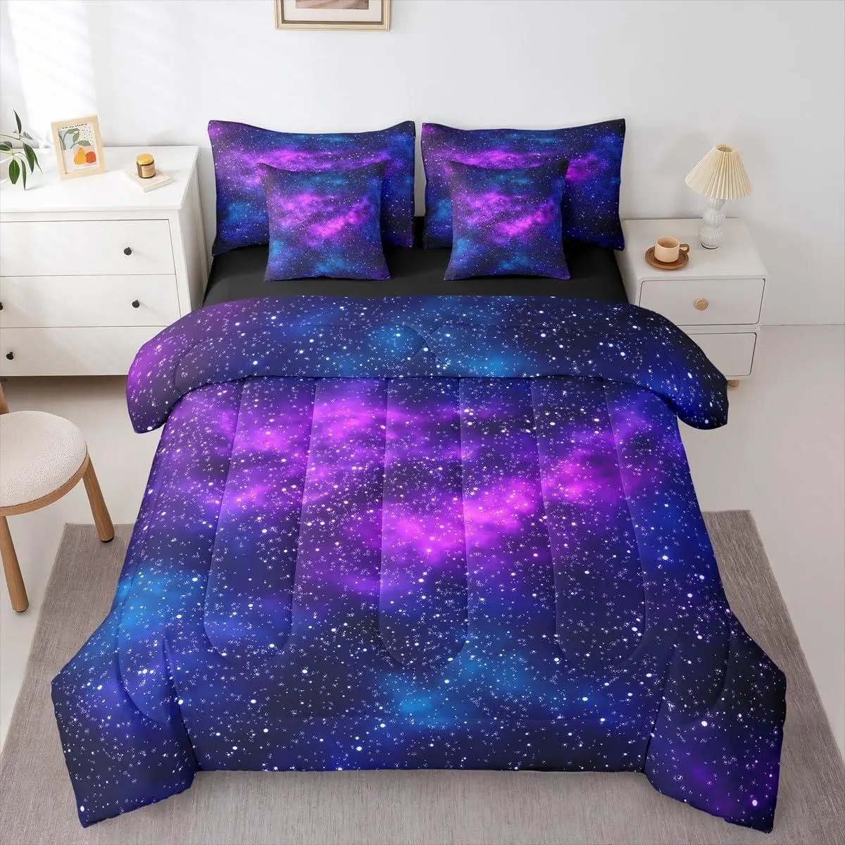 Purple Galaxy Comforter Set Starry Sky 7 Pieces Bedding Mysterious Outer Space Universe Bed Set Women Men Bed in A Bag