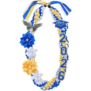 50'' 2026 Graduation Lei Double Braided Strands Graduation Ribbon Leis with 4 Satin Flowers Congrats Graduates Money Leis Class of 2026 Gift for Men Women