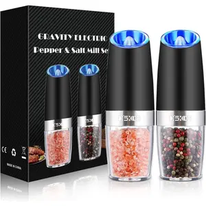 2 Pack Gravity Electric Rechargeable Adjustable Salt and Pepper Grinder Set, Adjustable Coarseness, Battery Powered with LED Light, Stainless Steel Black Kitchen Kitchenware