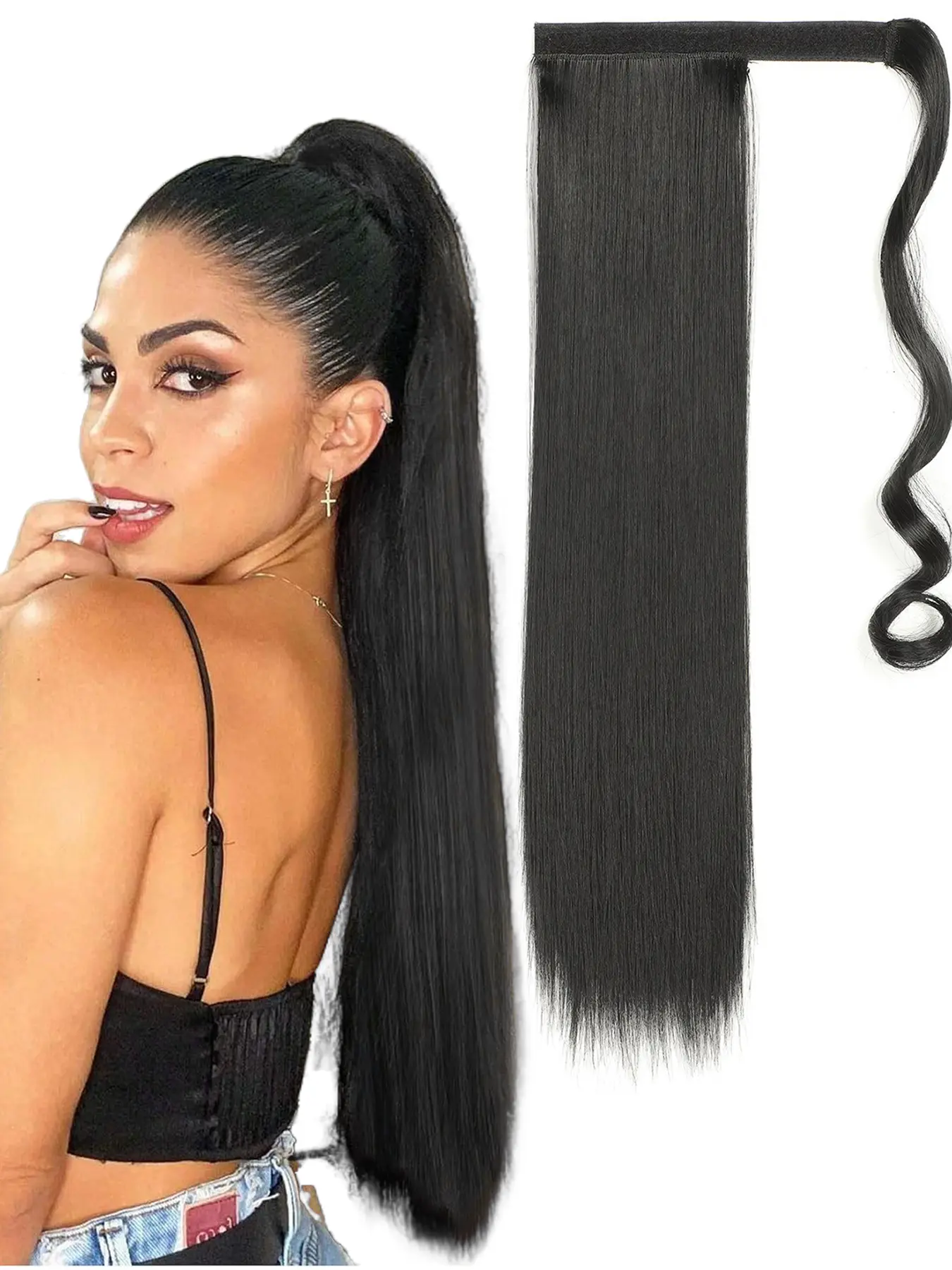 22-inch Ponytail Extension, Straight Ponytail Extensions, Velcro Closure, Wrap-Around Ponytail Extension, Long Straight Hair, Synthetic Hairpiece, Synthetic Ponytail Hairpieces, Women's Hair Accessory, Halloween & Christmas Gift, For Daily and Holiday Use