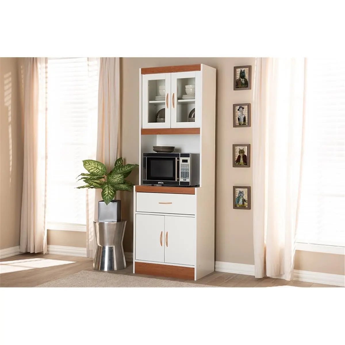 212 MAIN Laurana Modern Kitchen Cabinet & Hutch - Freestanding Wood Cupboard, Modern Storage Cupboard, Contemporary Home Decor, Engineered Wood, White & Cherry Brown, 70.87x23.62x15.75in, Microwave Compartment, Baxton Studio WS883200-White&Cherry