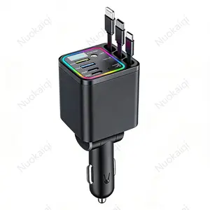120W Max Ultra-Fast Car Charger Station - 4 Ports, 3 Cables, Real-Time Voltage Monitor, RGB Lights, Compatible with All Devices, Road Trip Console Decluttering Essential