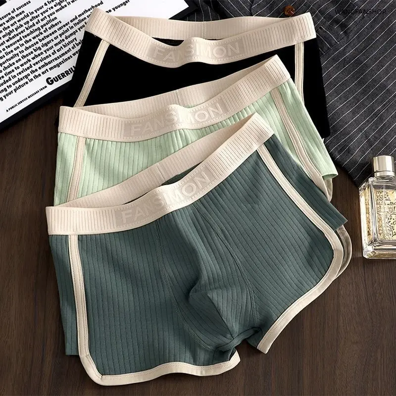 3-pack men’s cotton boxer shorts with vertical stripes, letter print, wide elastic waistband, breathable anti-chafing design, high stretch for a comfortable close fit—suitable for everyday summer wear and sports outfits.